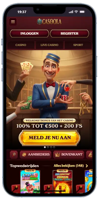 Casoola casino – mobiele startpagina Casoola casino startpagina op mobiel met een welkomstbanner van 100% tot €500 plus 200 freespins, een aanmeldknop 'Meld je nu aan' en navigatietabbladen voor Casino, Live Casino en Sport