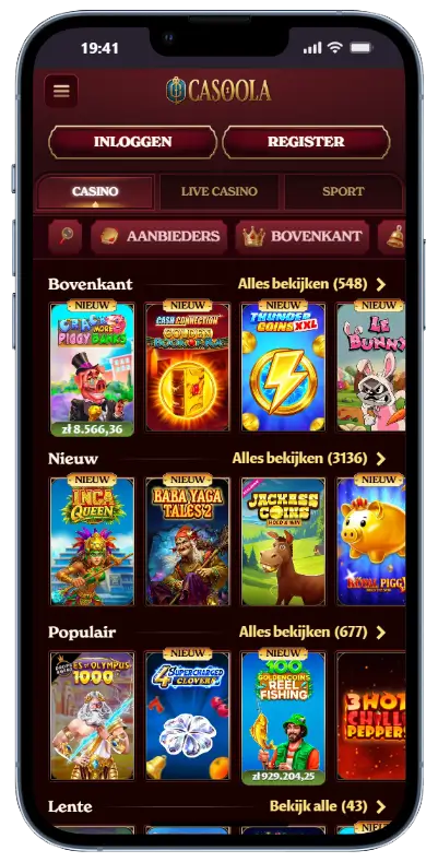 Casoola spelaanbod – overzicht van casinospellen Casoola casino mobiele app met spelcategorieën Bovenkant, Nieuw en Populair, inclusief slotspellen zoals Inca Queen, Baba Yaga Tales 2 en Gates of Olympus 1000